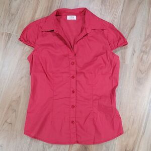 💜Coral Red Italian Made Tailored Button Front Cap Sleeve Top Petite Small